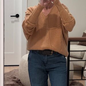 Free People 100% Cashmere Oversized Souchy V-Neck Sweater Camel Orange Size S